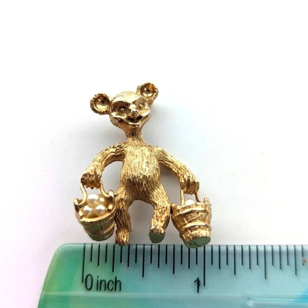 Vintage Gold Tone Figural Bear holding Articulated Buckets Full of Pearls Brooch